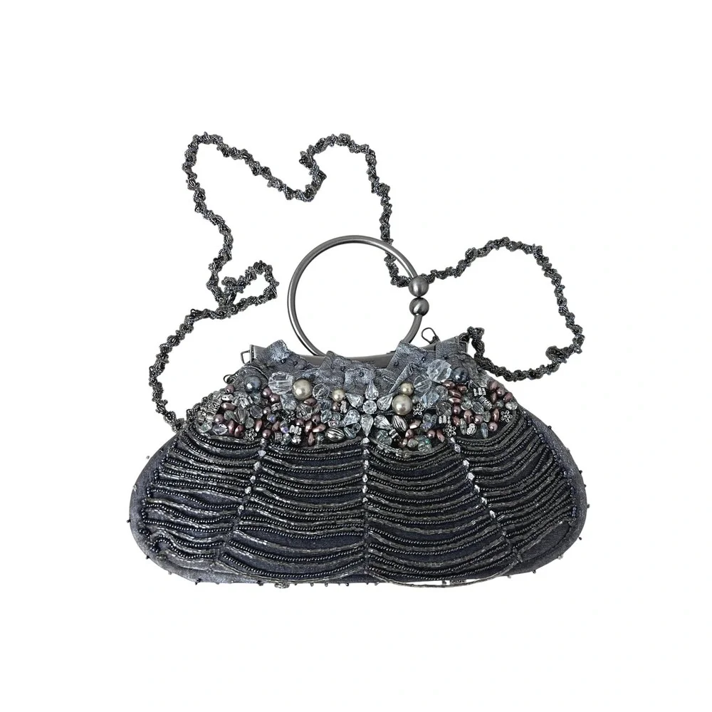 Mary Frances Beaded Evening Clutch Women OS Silver‎ Excellent Pearl Crystal Bag